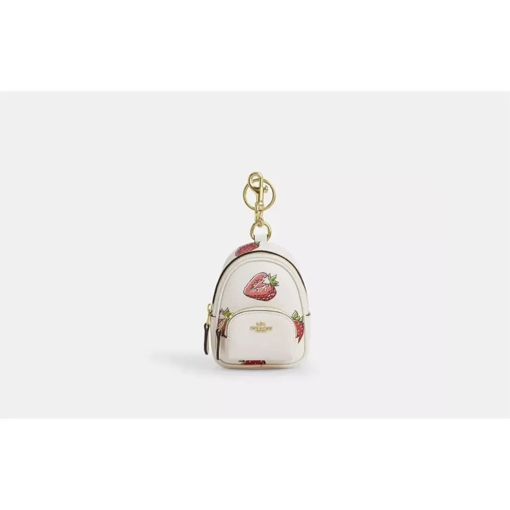 NWT Coach CAO93 Mini Court Backpack Bag Charm with Strawberry Print